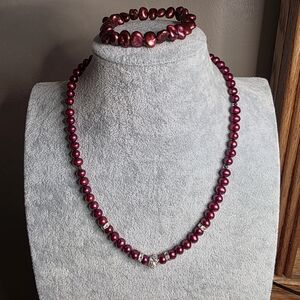 Elegant Cranberry Red Genuine Freshwater Pearl Necklace and Bracelet Set